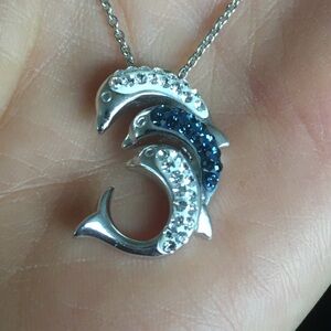 Silver Tone Rhinestone Crystal Dolphin Necklace
